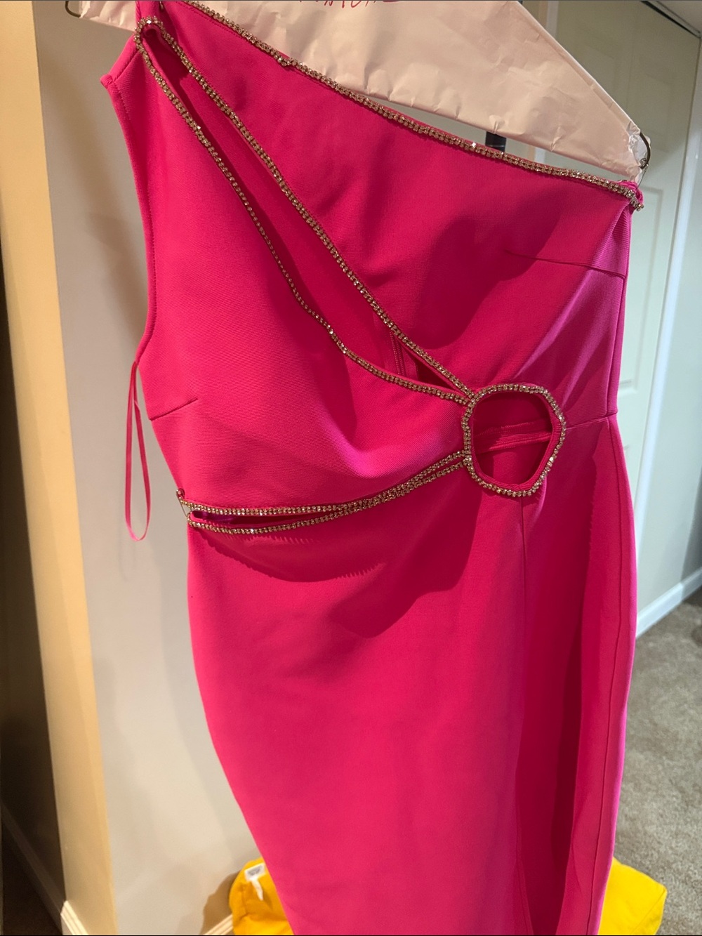Fashion Nova Hot Pink One-Shoulder Cocktail Dress with Rhinestone Trim